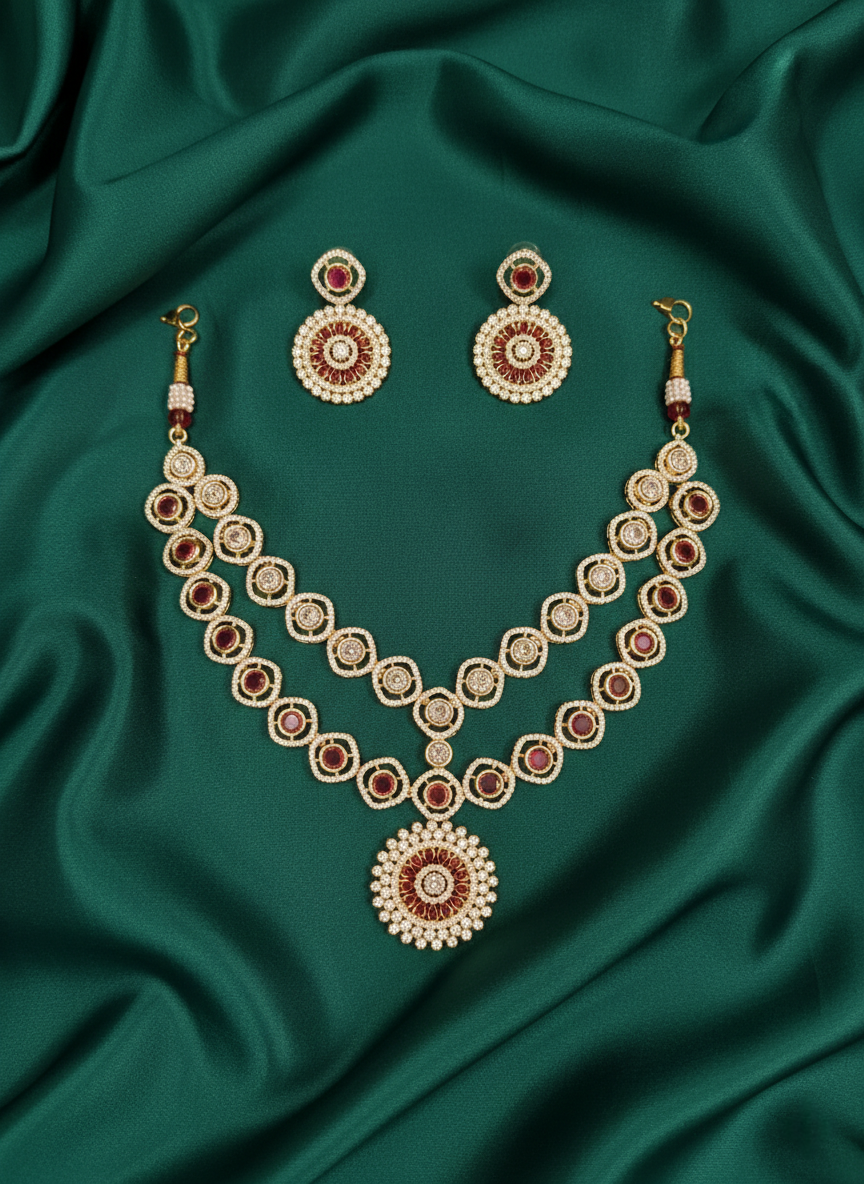 Red Double-Layered Stone Work Necklace Set