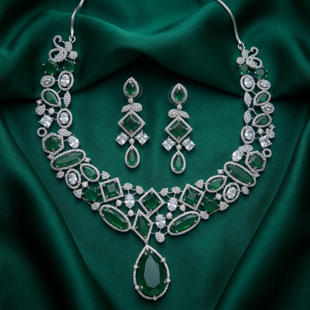 Emerald American Diamond Necklace Set – Royal Green Elegance