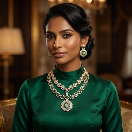 Emerald Royale Double-Layered Stone Work Necklace Set