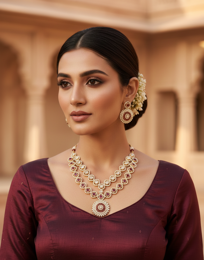 Red Double-Layered Stone Work Necklace Set