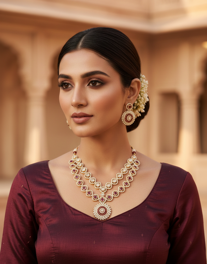 Red Double-Layered Stone Work Necklace Set