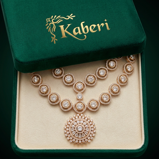 Golden Double Layered Stone Work Necklace Set – Timeless Royal Charm