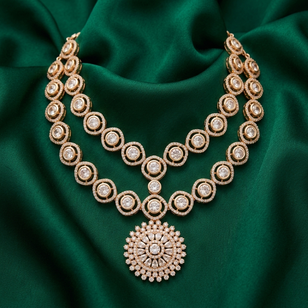 Golden Double Layered Stone Work Necklace Set – Timeless Royal Charm