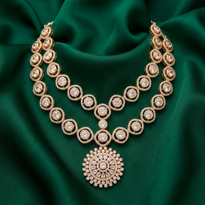 Golden Double Layered Stone Work Necklace Set – Timeless Royal Charm