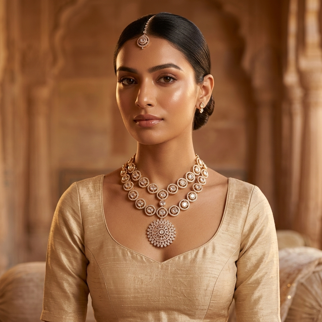 Golden Double Layered Stone Work Necklace Set – Timeless Royal Charm