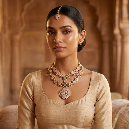 Golden Double Layered Stone Work Necklace Set – Timeless Royal Charm