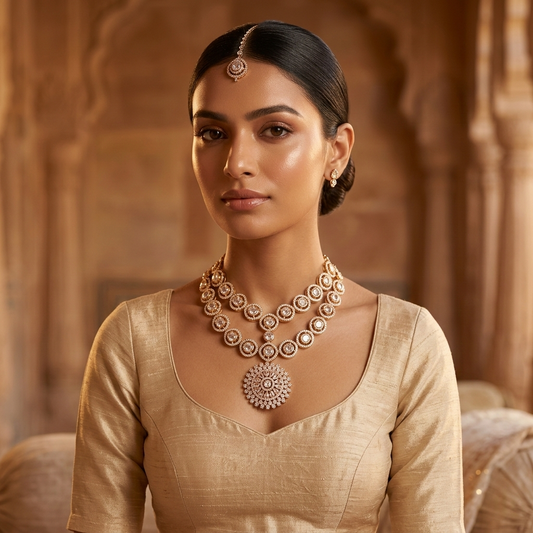Golden Double Layered Stone Work Necklace Set – Timeless Royal Charm