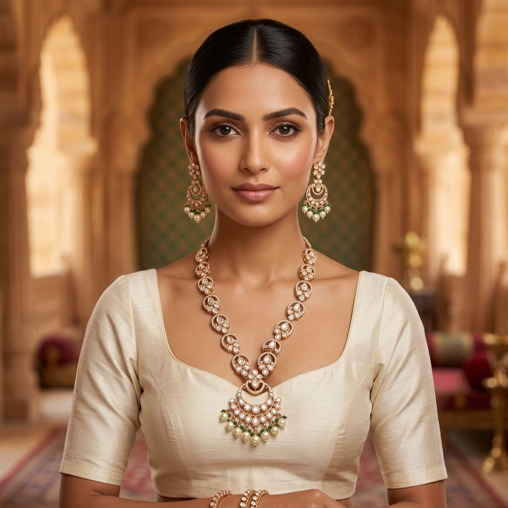 Kaamra Green Pearl Drop Necklace Set