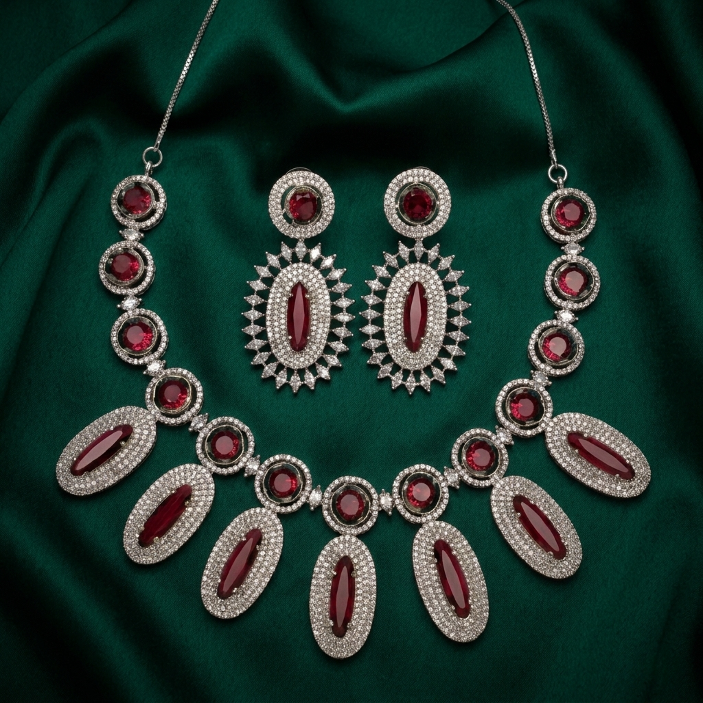 Kaberi Red American Diamond Necklace Set
