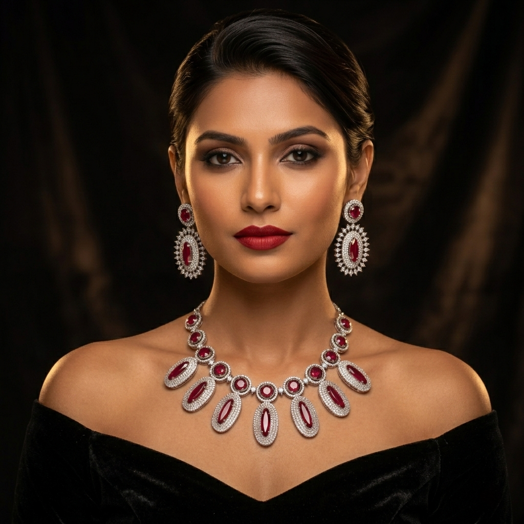 Kaberi Red American Diamond Necklace Set