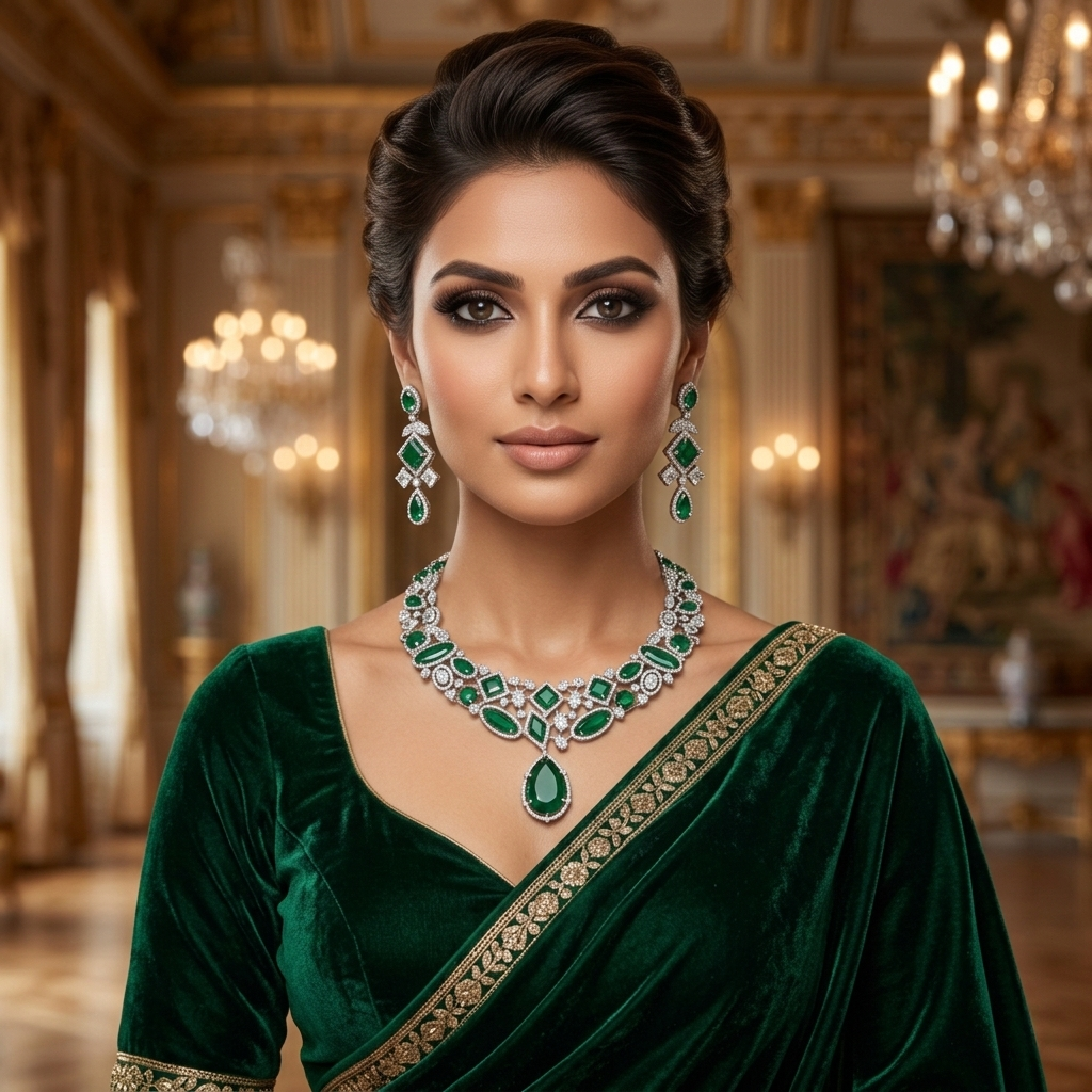 Emerald American Diamond Necklace Set – Royal Green Elegance