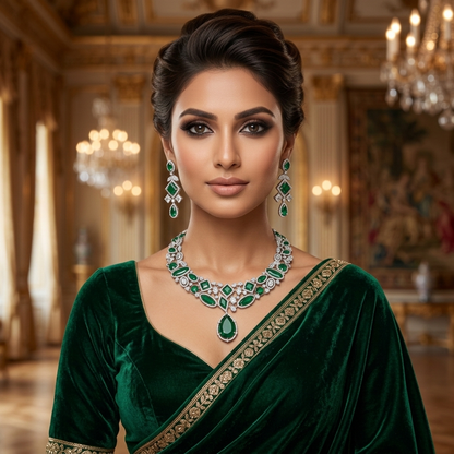 Emerald American Diamond Necklace Set – Royal Green Elegance