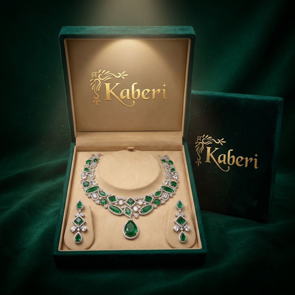 Emerald American Diamond Necklace Set – Royal Green Elegance