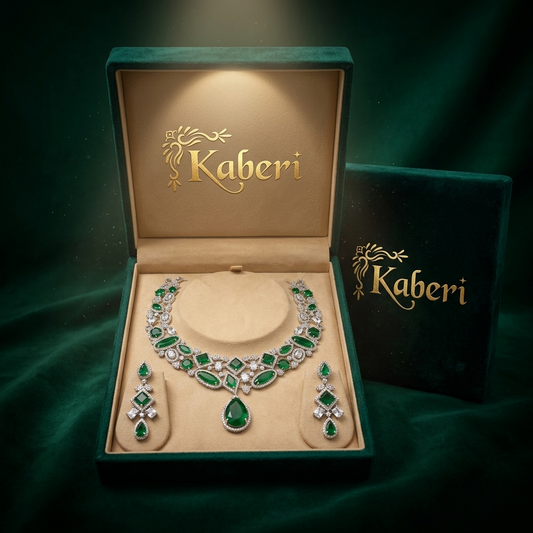 Emerald American Diamond Necklace Set – Royal Green Elegance