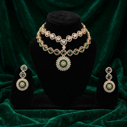 Emerald Royale Double-Layered Stone Work Necklace Set