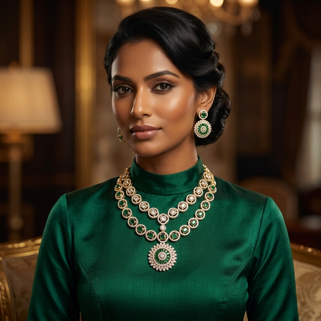 Emerald Royale Double-Layered Stone Work Necklace Set