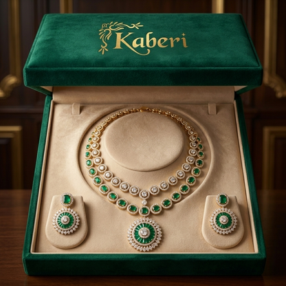 Emerald Royale Double-Layered Stone Work Necklace Set